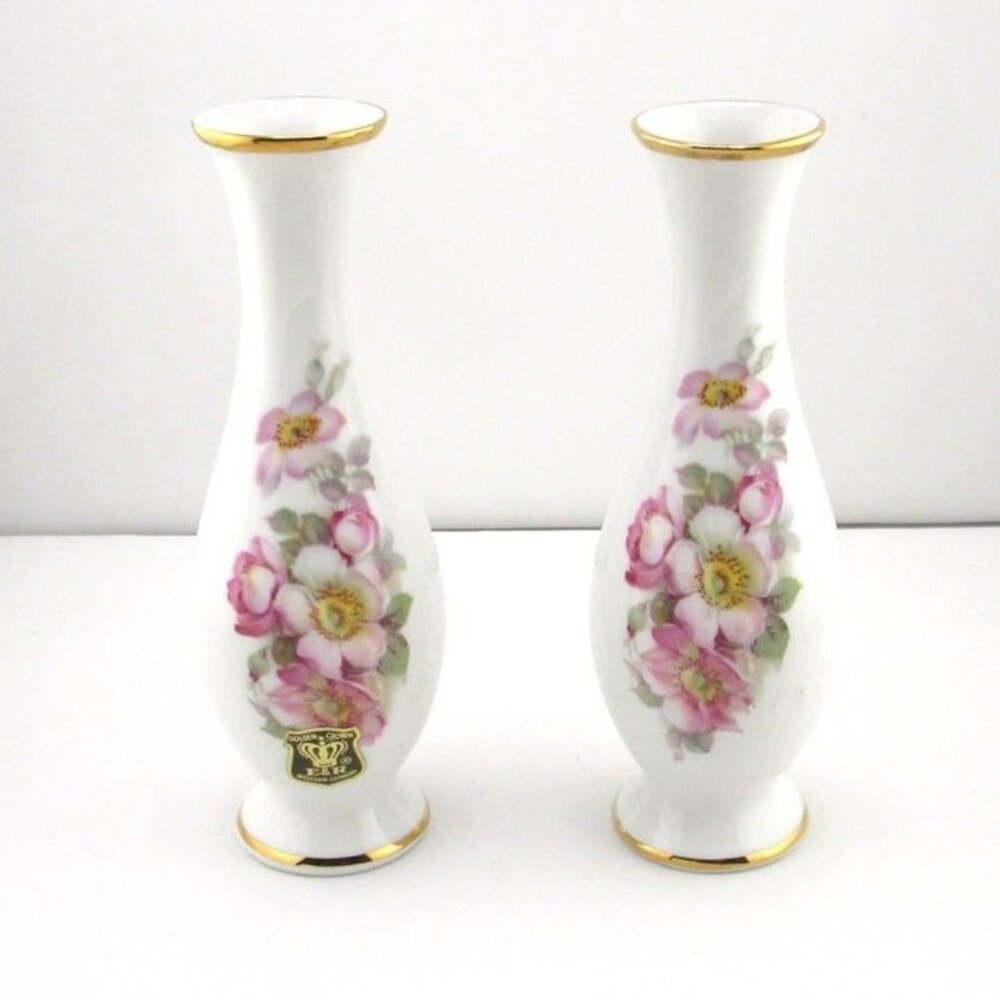 2 Vtg GEROLD PORZELLAN Tellau Bavaria 6" Pink Floral Wild Rose Bud Vase Germany